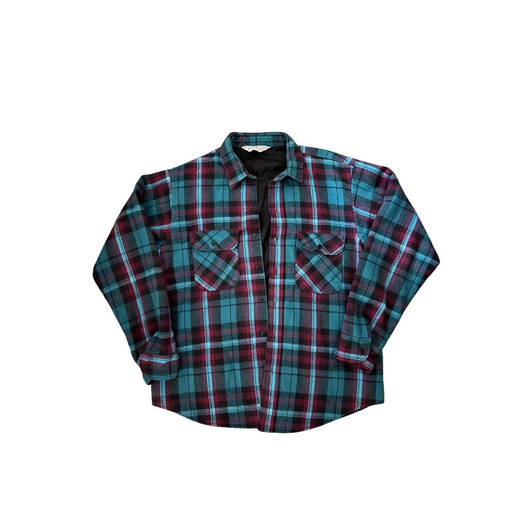 Vintage men's large Field & Stream Plaid Teal Burgundy Insulated Flannel Shacket
